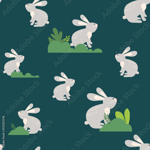 Hand Drawn cute Bunny and flowers, Seamless Pattern Rabbit print design background. Vector Textile for Kids Fashion