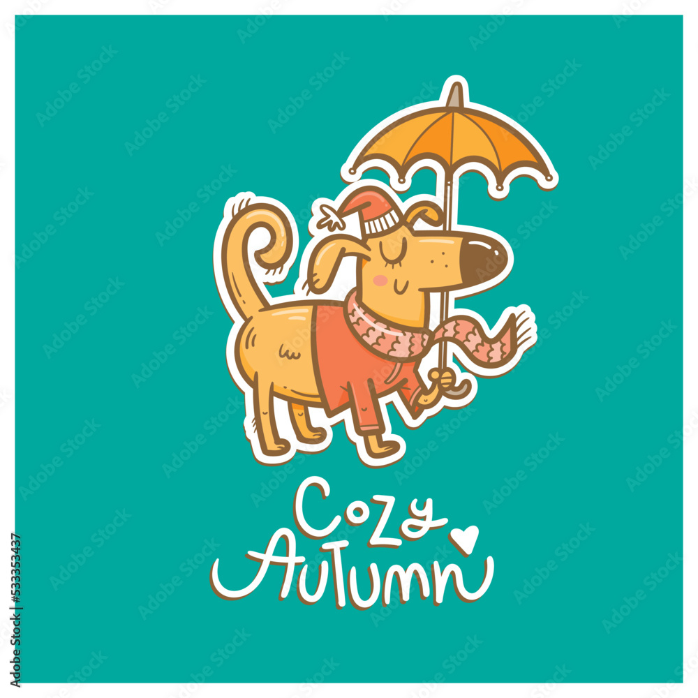 Autumn card with cute cartoon dog. Puppy in a coat and  hat with umbrella. Illustration for children. Vector outline image no fill.