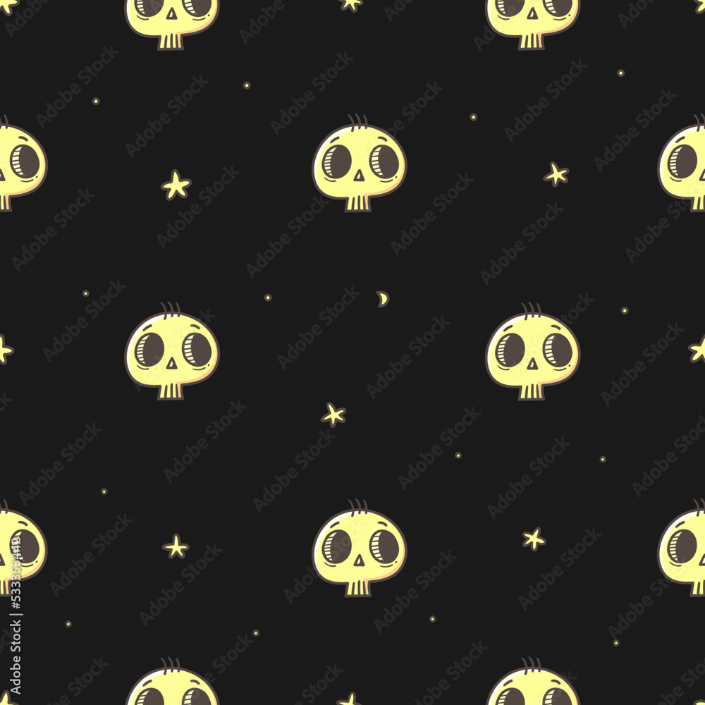 Seamless pattern with cute skulls on  black background. Halloween doodle wallpaper. Autumn cartoon print.