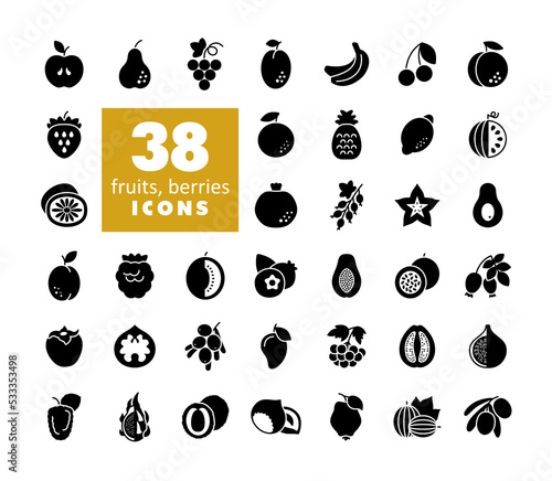 Set of Fruits and Berries vector glyph icons