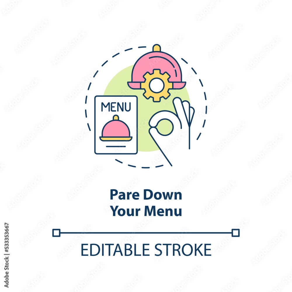 Pare down your menu concept icon. Food industry customer satisfaction abstract idea thin line illustration. Dish up meals. Isolated outline drawing. Editable stroke. Arial, Myriad Pro-Bold fonts used