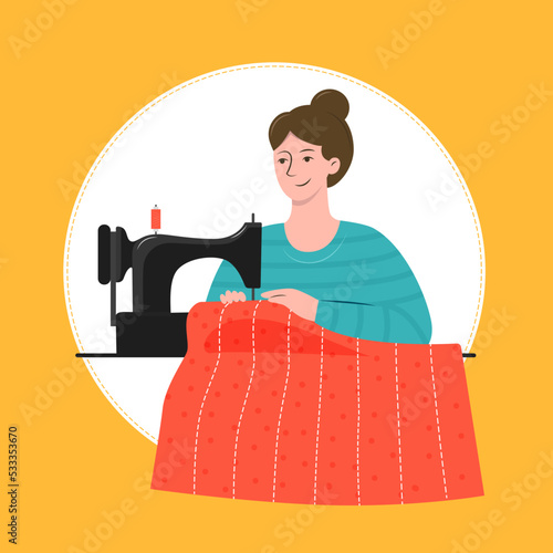 Craftswoman sews a quilt. Woman seamstress at her workplace with sewing machine. Cute vector illustration in flat style