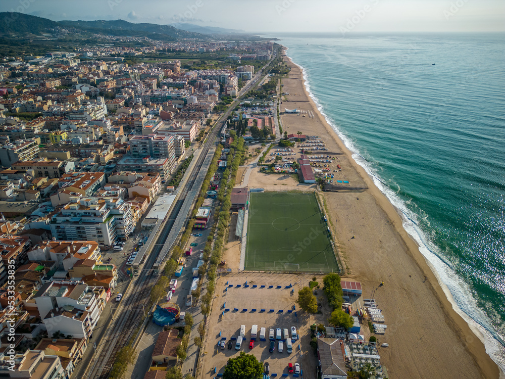 Fototapeta premium Aerial image with drone on the beach of Pineda de Mar in the Maresme coast of Barcelona