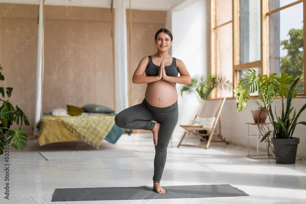 Beautiful Young Expectant Lady Practicing Yoga At Home, Standing In Tree Pose Beautiful Young Expectant Lady Practicing Yoga At Home, Standing In Tree Pose