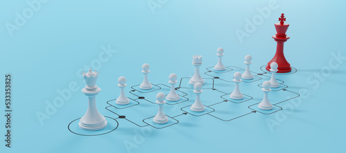 Management and organization.Business process management and automation concept with chess on flowchart diagram.Workflow implementation to improve productivity and efficiency.3d render and illustration