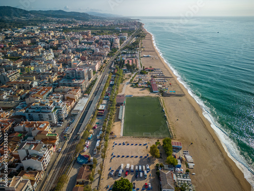 Aerial image with drone on the beach of Pineda de Mar in the Maresme coast of Barcelona