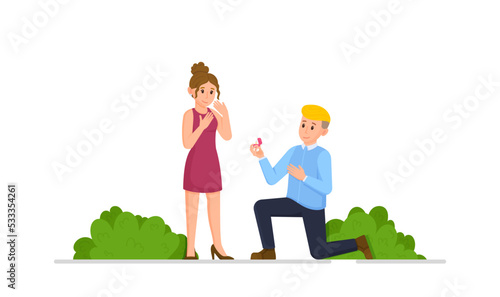 Making a marriage proposal in the daytime on the street. Vector illustration of the concept of marriage proposal. Love, wedding, white background