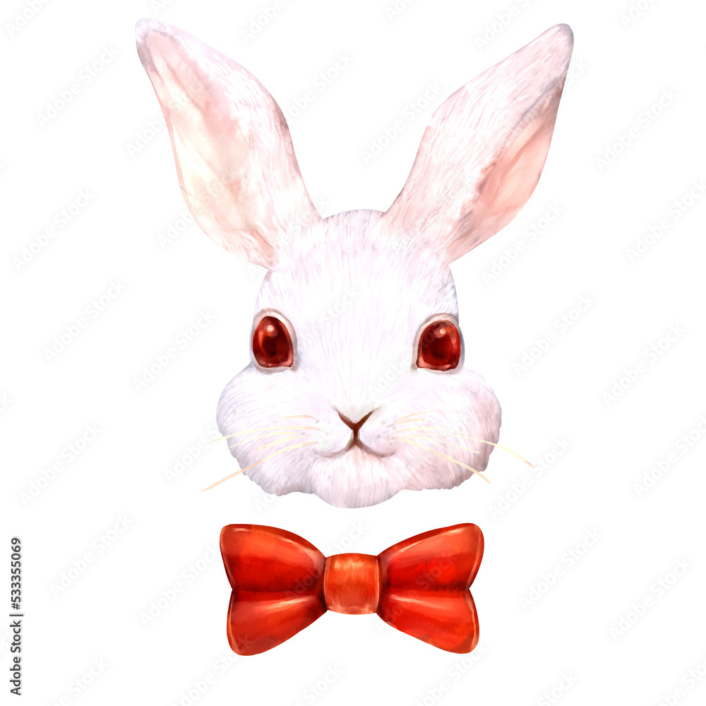Obraz premium 蝶ネクタイと白うさぎの顔の手描き水彩風イラスト