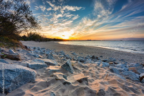 Sunset on the beach of the Baltic Sea in Gdansk  Poland