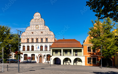 Historic XIII century Town Hall Ratusz building and Odwach Guardhouse at Rynek main market square in historic old town quarter of Stargard in Poland