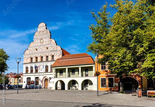 Historic XIII century Town Hall Ratusz building and Odwach Guardhouse at Rynek main market square in historic old town quarter of Stargard in Poland photo