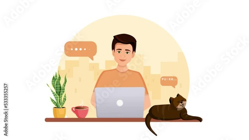 Animation of a man working at a computer with a cat. Remote work, freelance, home office, programming, education. Communication on the Internet, online meetings.