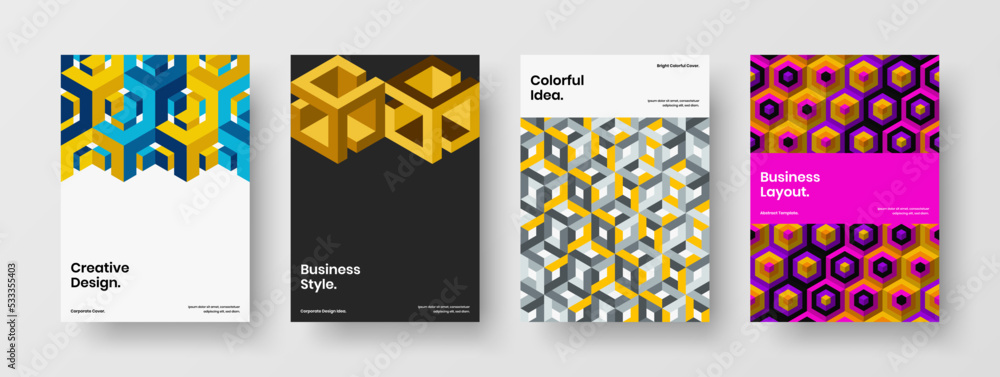 Original pamphlet A4 vector design layout collection. Isolated geometric tiles corporate cover concept composition.