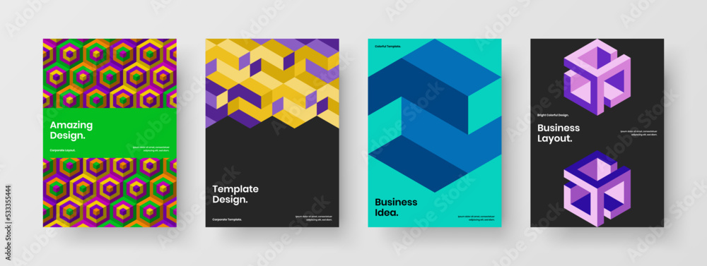 Fresh annual report design vector illustration collection. Simple mosaic pattern company identity concept set.