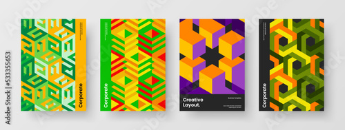 Colorful geometric hexagons placard layout set. Multicolored corporate identity design vector illustration bundle.
