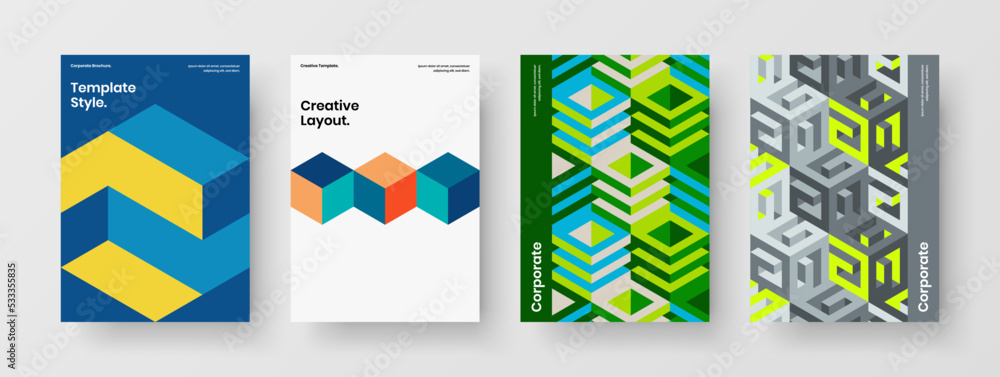Bright mosaic tiles flyer template set. Minimalistic brochure design vector layout bundle.