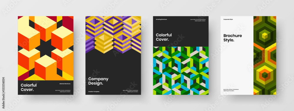 Multicolored company identity design vector template bundle. Colorful geometric hexagons cover illustration set.