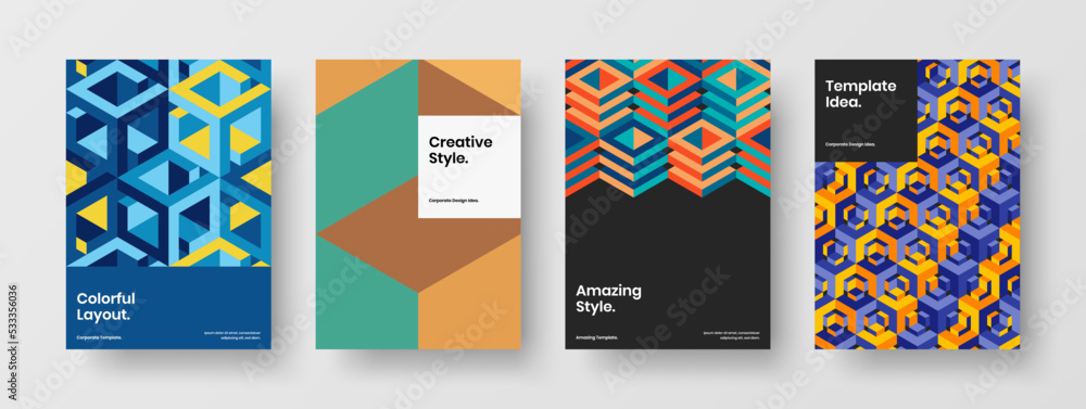 Unique corporate brochure vector design template collection. Original geometric shapes catalog cover illustration set.