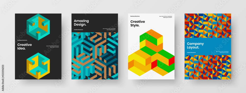 Colorful front page A4 vector design concept bundle. Fresh mosaic pattern pamphlet template set.