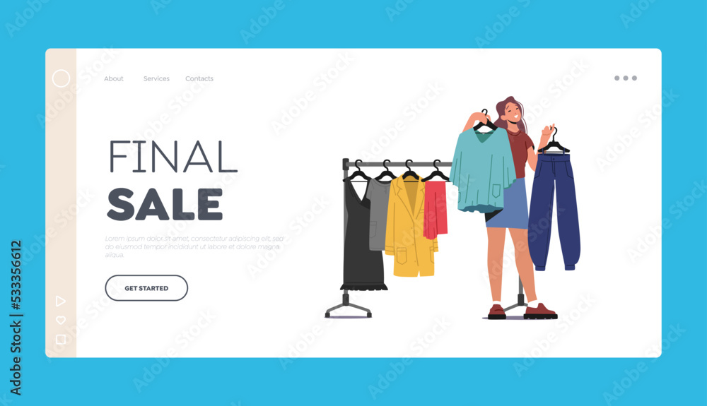 Final Sale, Shopping Time Landing Page Template. Young Woman Choose New Fashioned Clothes in Store, Girl Buying Garment