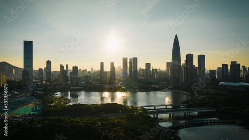 Aerial view of sunset landscape in Shenzhen city China