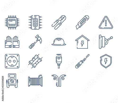 Electrician and electrical work element icon set