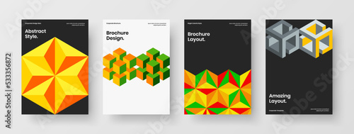 Unique journal cover A4 design vector concept bundle. Clean mosaic pattern pamphlet illustration composition.