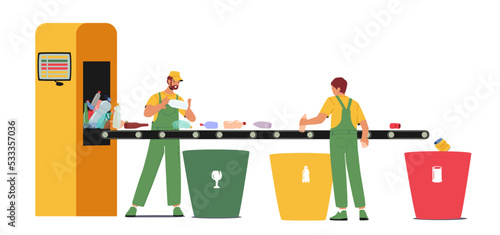 Garbage Manufacturing Service, Wastes Recycling Technological Process Concept. Workers Characters in Robe Sorting Litter