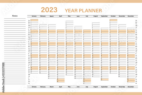 Calendar planner for 2023. Wall organizer, annual planner template. Vector illustration. Vertical months. One page. Set for 12 months.