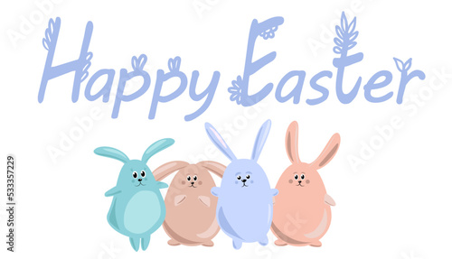 Happy Easter greeting card with cute bunny. Rabbit character set. Animal wildlife holidays cartoon. © Katsiaryna