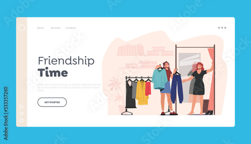 Friendship Time Landing Page Template. Young Woman Choosing Dress in Store, Sales Assistant Offer Garment