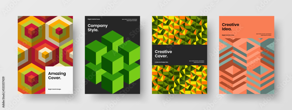 Isolated company brochure A4 vector design illustration bundle. Bright mosaic pattern pamphlet template set.
