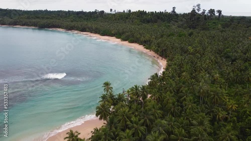 Drone aerial shot of rainforest jungle coconut palm trees and sandy beach break foam swell in bay Indian Ocean Mentawai Islands holiday travel tourism Sumatra Indonesia Asia 4K photo