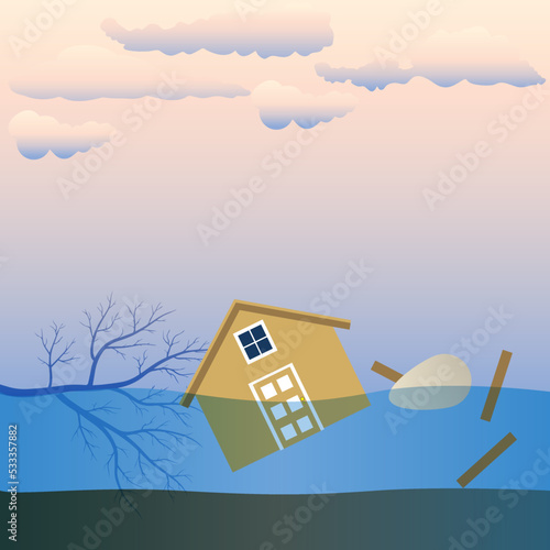 International Day for Disaster Reduction, October 13, flood , tree, house clouds, sky, rainy day, vector illustration background