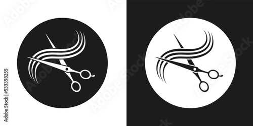 Hairdressing salon logo with hairdresser scissors cutting strand of long hair in round frame. Black and white isolated logotype or icon. Vector element of minimalist design, barbershop concept.
