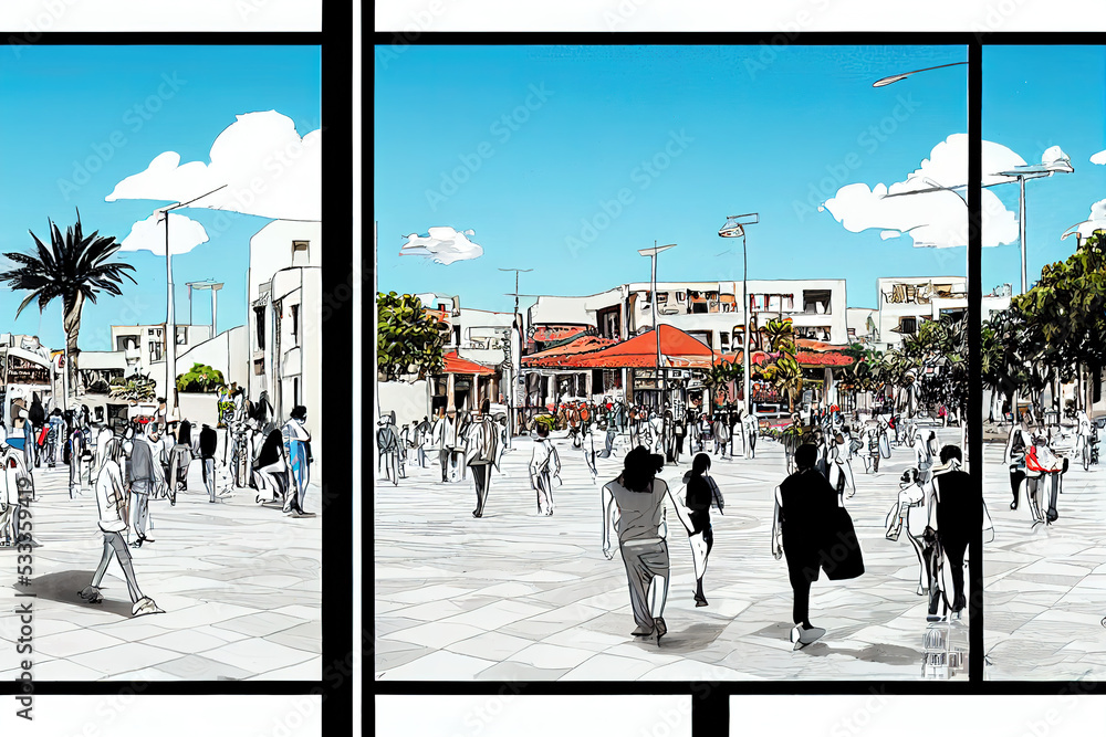 Obraz premium Cartoon drawing Nicosia Cyprus March People walking at the liberty square with the modern and f uturistic architecture in Nicosia the capital city of Cyprus , style U1 1
