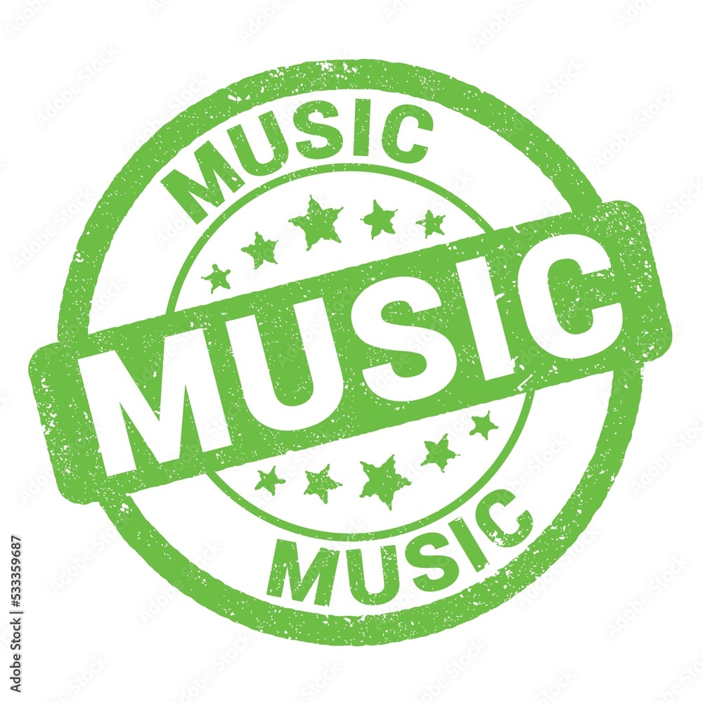 MUSIC text written on green stamp sign. MUSIC text written on green stamp sign.