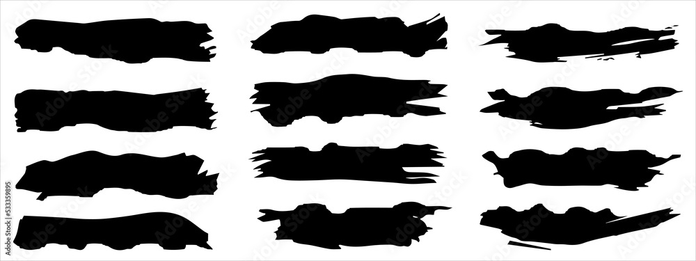 Vector collection of artistic grungy black paint hand made creative brush stroke set isolated on banner background. A group of abstract grunge sketches for design education or graphic art decoration Vector collection of artistic grungy black paint hand made creative brush stroke set isolated on banner background. A group of abstract grunge sketches for design education or graphic art decoration