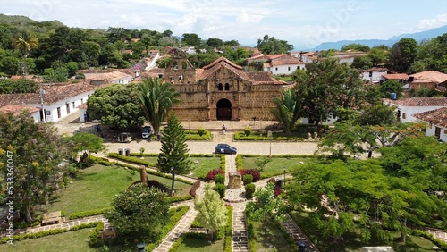 Drone aerial view of Catholic Church, Old historical ancient hiking road way 