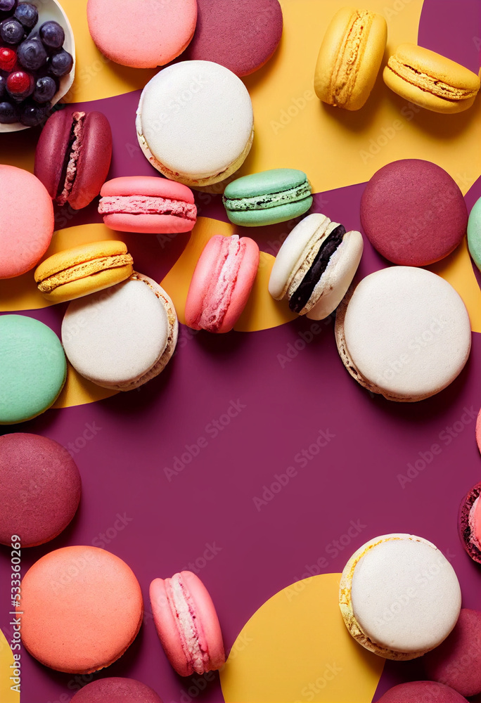 Colorful macaron composition. Frame made of macarons. Confectionery, baking concept. Flat lay, top view, copy space Colorful macaron composition. Frame made of macarons. Confectionery, baking concept. Flat lay, top view, copy space