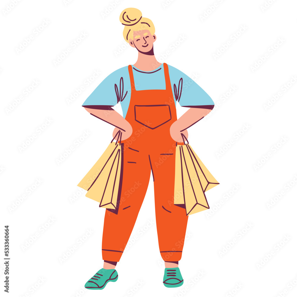 Happy woman with shopping bags. Female character carrying purchases. Hand drawn flat vector illustration