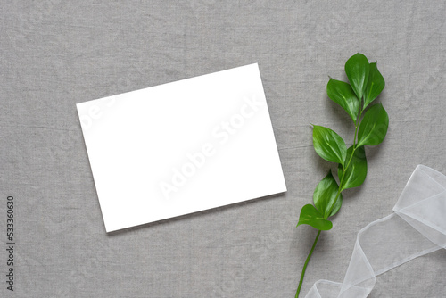 Blank invitation wedding card mockup, green ruscus leaves and ribbon, gray textile linen background. Top view, flat lay.
