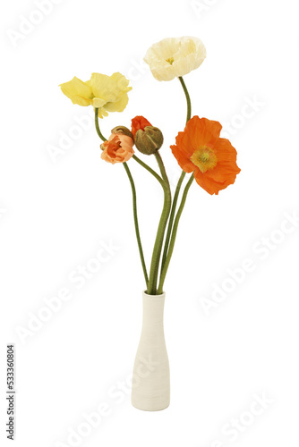 Beautiful poppy flowers in small ceramic vase  isolated on transparency photo png file 