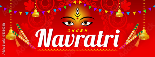 Shubh Navratri(Happy Navratri) banner vector illustration. Goddess Mahadevi with Dandiya sticks on red background.