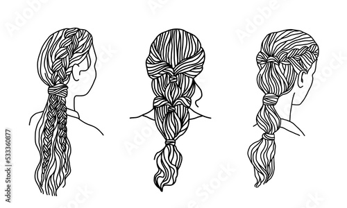 Line art hairstyles set. Female heads with beautifully braided hair. Hand drawn vector illustration