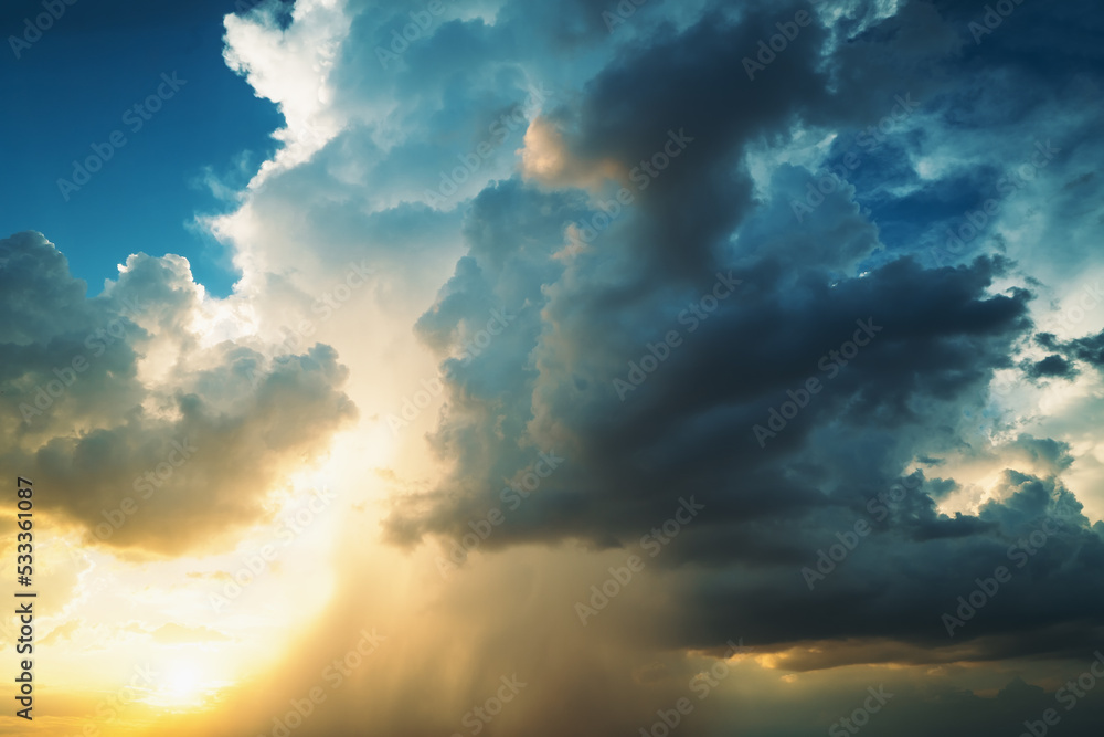 Fototapeta premium Cumulus fluffy sunset clouds sky. Heaven background.