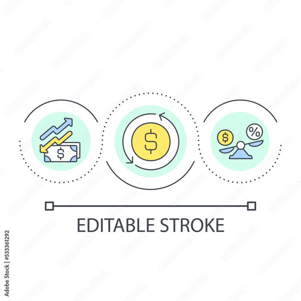 Currency exchange rate loop concept icon. Banking operations. Finance management. Inflation control abstract idea thin line illustration. Isolated outline drawing. Editable stroke. Arial font used Currency exchange rate loop concept icon. Banking operations. Finance management. Inflation control abstract idea thin line illustration. Isolated outline drawing. Editable stroke. Arial font used