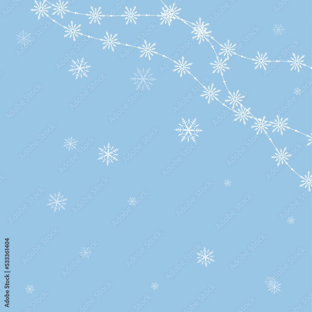 snowflakes on a blue background with garland. Christmas and New Year pattern. Backdrop for postcards