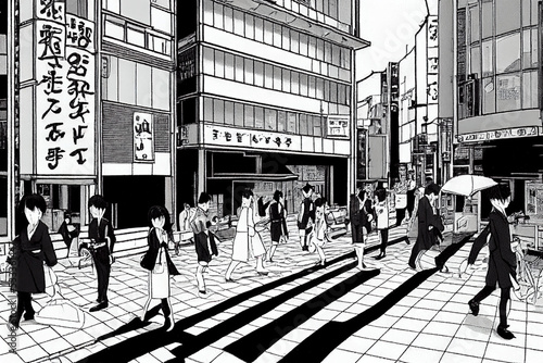 Cartoon drawing Japan Business part of the Japanese capital Pedestrian crossing  from one highrise building to another Tokyo in the afternoon Traffic on the streets of Tokyo Architecture of the