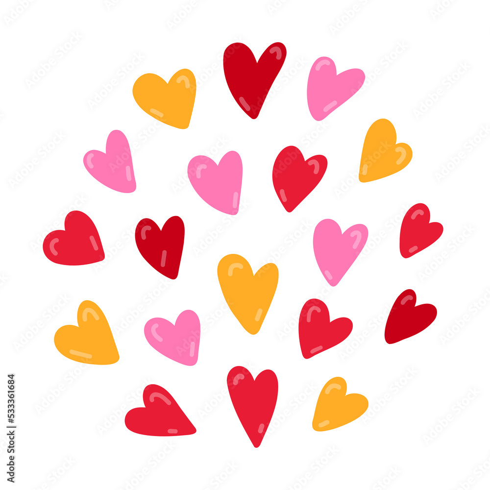 Trendy and cute illustration of bunch of hearts. Hand drawn vector clipart isolated on background. Concept of love, romance, holiday, 14 of February. For Valentine's day card, sticker, scrapbook.